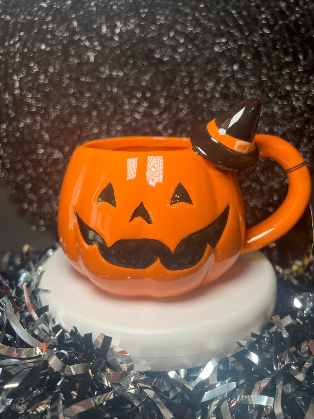 Halloween Orange Jack o Lantern Pumpkin Mug with Witch Hat on Handle 16 oz